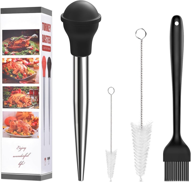 ARRITZ Turkey Baster Large, Stainless Steel Baster For Cooking with 1 Oil Brush, 2 Cleaning Brush, 2 Baster Tips, Black - Image 1